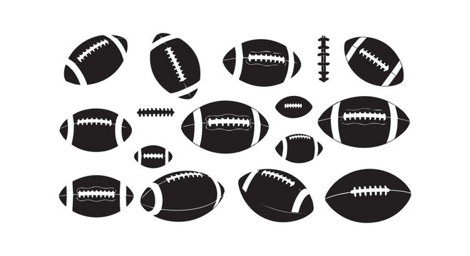 American footballs in various sizes and orientations