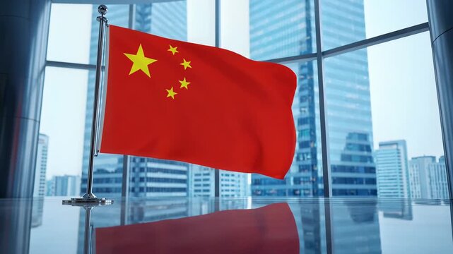 Chinese Flag Waving on Pole Inside Modern Office Building with Cityscape View