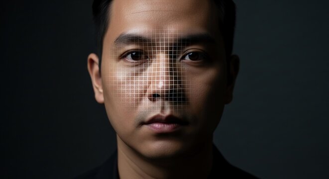 Close up portrait of an asian man&rsquo;s face featuring a digital grid overlay symbolizing biometric security and facial recognition technology