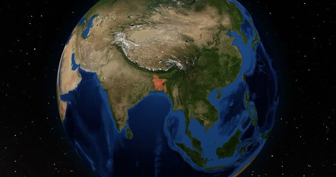 Bangladesh on the Globe. Zoom into the country with the Earth spinning in space. High detail physical world map with Bangladesh on it. Country view animation. Elements of this image furnished by NASA.