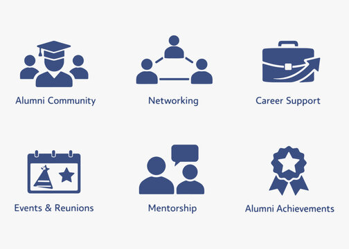 A set of Alumni Network icons focuses on simplicity, elegance, and ease of recognition. Vector Sign for Logos, Labels, and Icons.