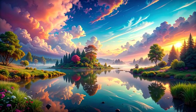 Dreamy landscape with vibrant sky, mirrored on a serene lake, featuring islands of greenery, lush trees, and a radiant sunset