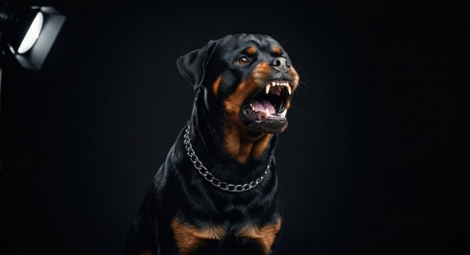 Aggressive dog, snarling and baring teeth, against a black backdrop