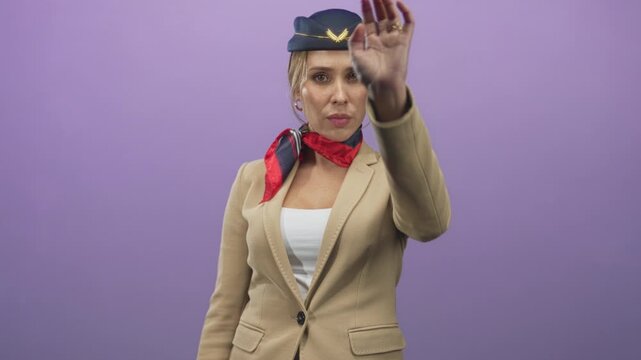 Flight attendant woman raises hand palm forward stop gesture with visible hat and red scarf in studio; caution professionalism safety.
