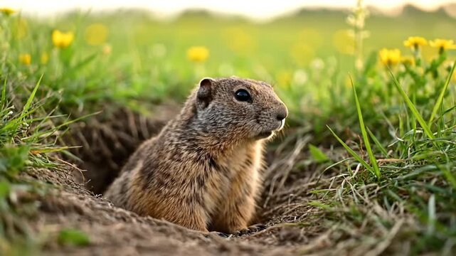 Gopher sitting in grassy field outdoors.
