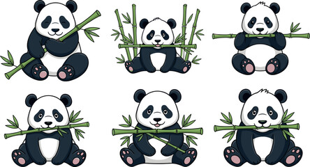 Obraz premium Cute Panda Vector Set Featuring Cartoon Pandas Eating Bamboo in Sitting Poses with Adorable Expressions for Kids Illustration and Wildlife Design