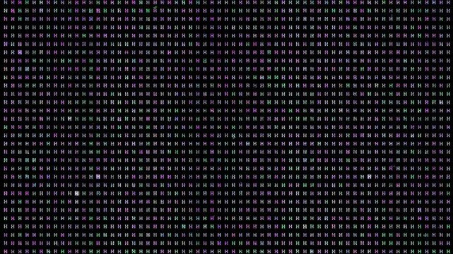 Abstract pattern of colorful 'H' letters on a black background, digital art