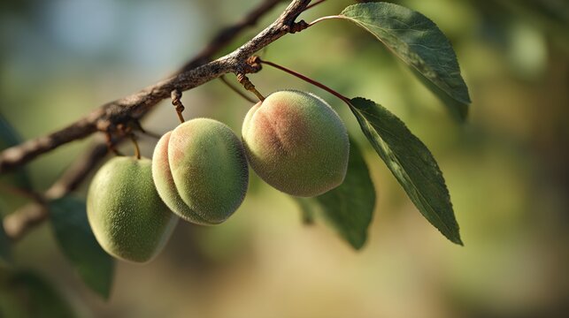 Unripe Green Plums Growing on Tree Branch &ndash; Fresh Organic Fruit Close-Up