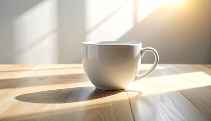 Fototapeta premium A pristine white ceramic mug sits on a sun-drenched wooden surface, casting a soft shadow under the warm morning light