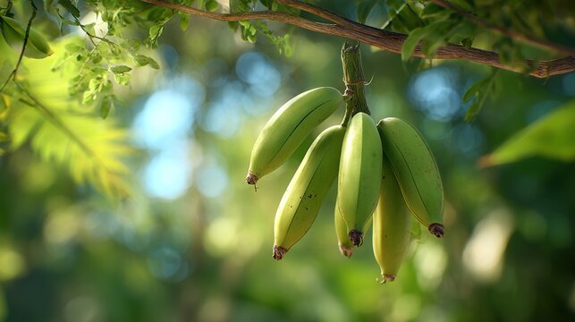 Green bananas hanging from tree branch with blurred background