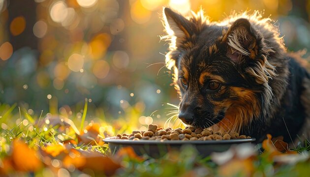 A fluffy, brown and black canine eats kibble from a metal bowl on the grass with fall foliage and sun flare