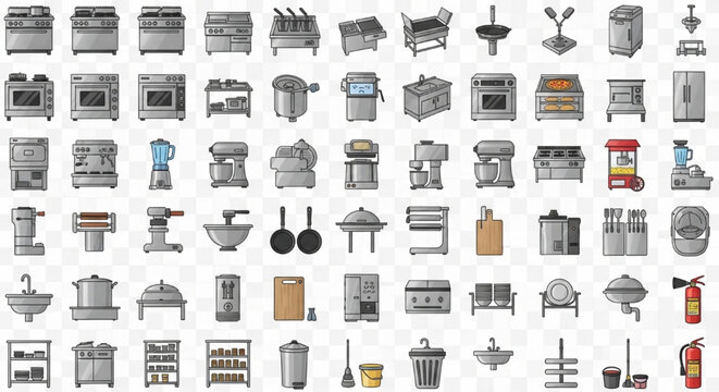Commercial Kitchen Equipment, Stainless Steel Appliances, Restaurant Equipment, Catering Tools, Cooking Equipment Vector Collection for Professional Food Service Industry