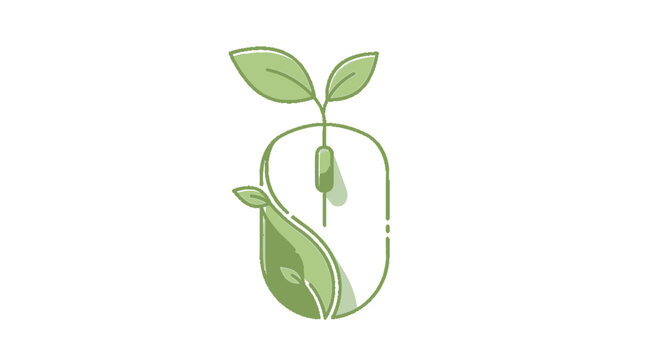 Green computer mouse with leaves and sprout, symbolizing eco-friendly technology and growth.