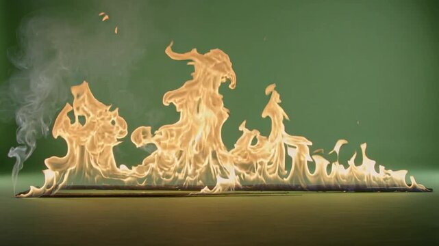 Intense Fire Blaze with Subtle Smoke Border on Green Background