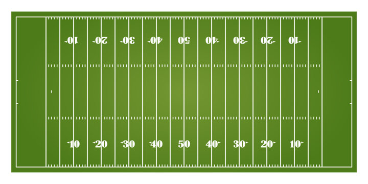 American football field vector illustration. Top view gridiron pitch layout. Aerial stadium grass background design. Professional football court marking template. Green sport field flat icon.