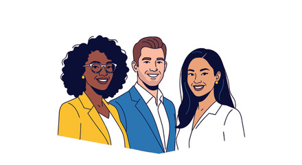 Fototapeta premium Diverse group of three smiling professionals, two women and one man, depicted in a friendly illustration.