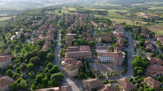 Aerial View of Pienza Town and Tuscan Countryside, Italy