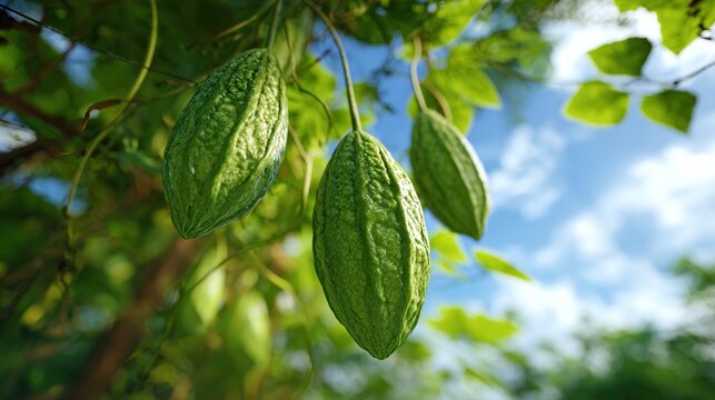 Bitter melons hanging from tree branch outdoors