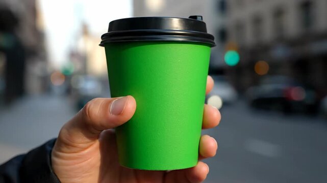 Hand Holding Green Coffee Cup with Black Lid on City Street Background