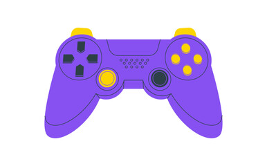 Retro joystick gamepad in flat style with vivid purple and yellow. Vintage controller as iconic gadget, perfect for arcade and videogame concept. Modern video game device for entertainment © moonnoon