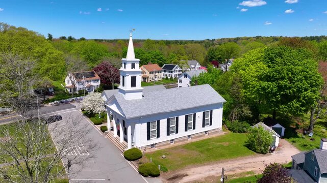 Congregational Church aerial view on Village Green in historic village of Slatersville, town of North Smithfield, Rhode Island RI, USA. 