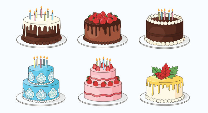 Hand drawn birthday cake vector set with chocolate strawberry and vanilla cream celebration cakes in whimsical sketch style