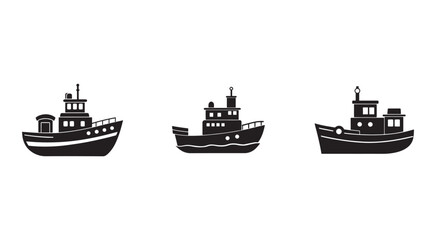 Fototapeta premium Set of three black silhouette fishing boats with white accents facing right on transparent background for graphic design