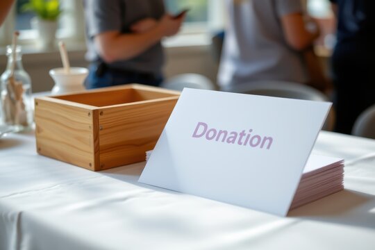 Donation sign on table next to wooden box for collecting charitable contributions.