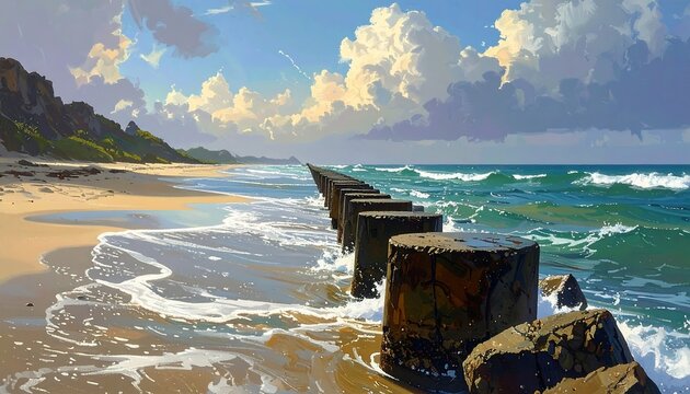 A serene beach scene with waves gently lapping against weathered wooden posts
