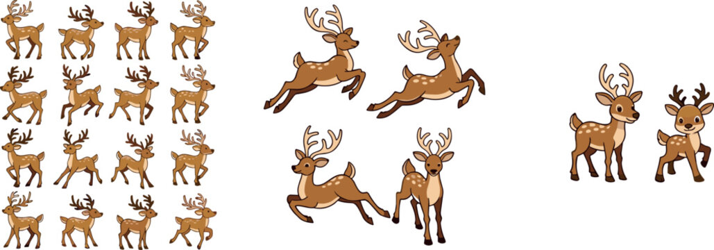 Deer Animation Sprite Sheet Vector Set Featuring Running, Jumping, and Standing Poses of Cartoon Reindeer for Game Design and Motion Graphics