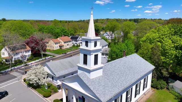 Congregational Church aerial view on Village Green in historic village of Slatersville, town of North Smithfield, Rhode Island RI, USA. 