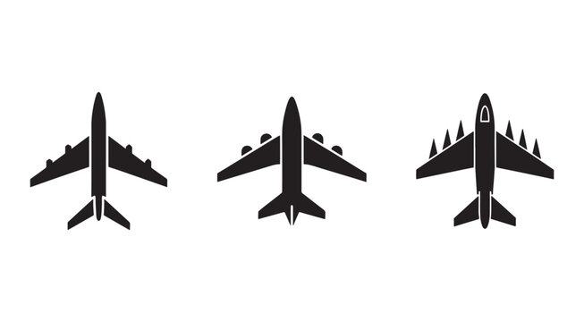 Three black airplane silhouettes in different views on white background  side and front views of commercial airliners