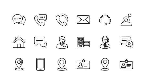 Contact and communication editable stroke line icons set with chat phone support and business symbols vector pack