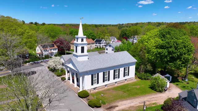 Congregational Church aerial view on Village Green in historic village of Slatersville, town of North Smithfield, Rhode Island RI, USA. 