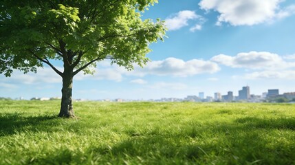 Obraz premium Lush Green Meadow with Single Tree and City Skyline