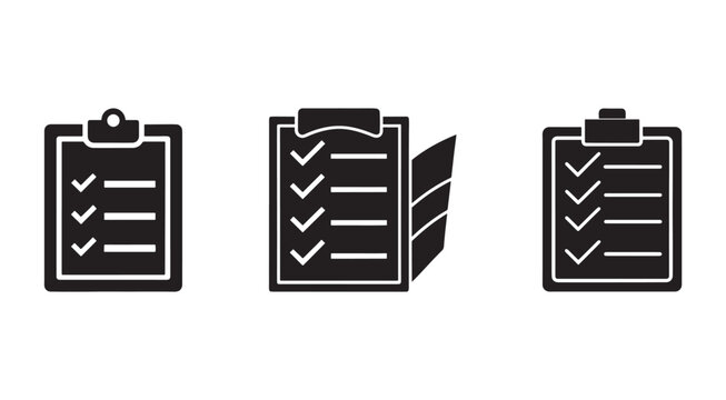 Three black clipboard icons with checklists on white background  checklist and to do list symbols