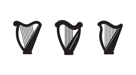 Three black harp silhouettes in different angles musical instruments isolated on white background