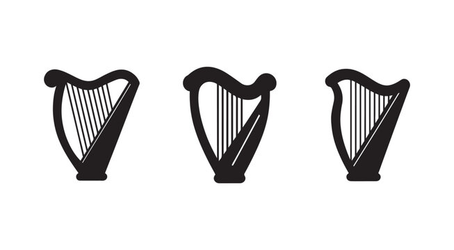 Three black harp silhouettes in different angles  musical instruments  isolated on white background