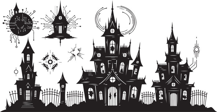 Haunted Houses and Spooky Decorations on a White Background