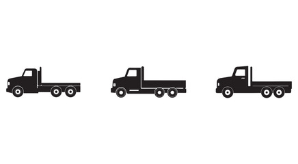 Fototapeta premium Three black silhouettes of flatbed trucks with wheels and cabs in different angles on white background truck silhouettes