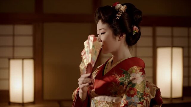 A traditional Japanese woman in a red kimono holding a fan in a dimly lit room with shoji screens.