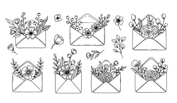 Hand drawn envelope with flowers vector set doodle floral design