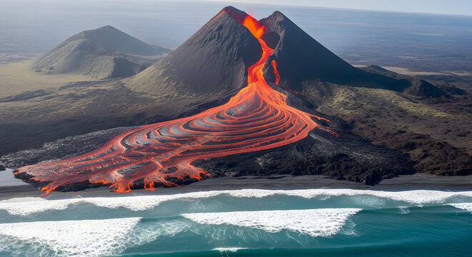 Volcano Erupting with Lava Flow Meeting Ocean Waves