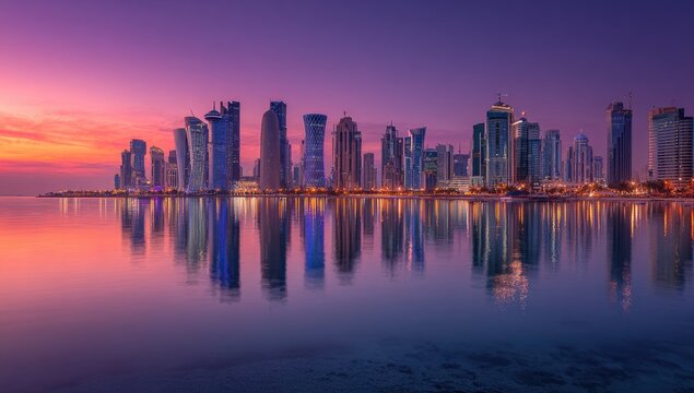 City skyline reflected in calm water at sunrise