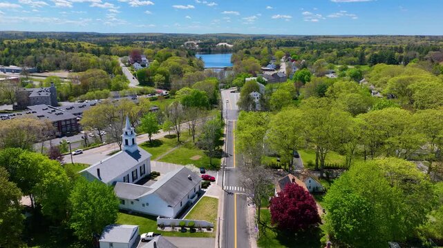 Congregational Church aerial view on Village Green in historic village of Slatersville, town of North Smithfield, Rhode Island RI, USA. 