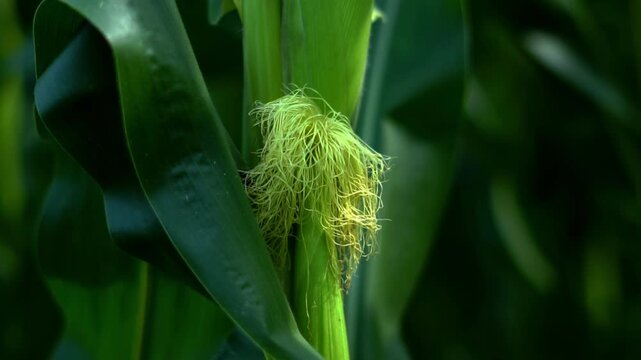 A video showcasing a close-up of a corn plant with a silky tassel in a lush green field