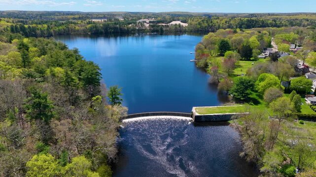 Slatersville Reservoirs aerial view in historic village of Slatersville, town of North Smithfield, Rhode Island RI, USA. This pond is a branch of Blackstone River. 