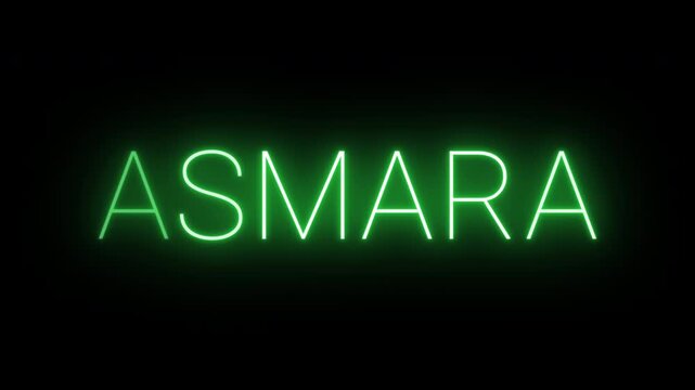 Flickering neon green glowing asmara sign animated on black background.