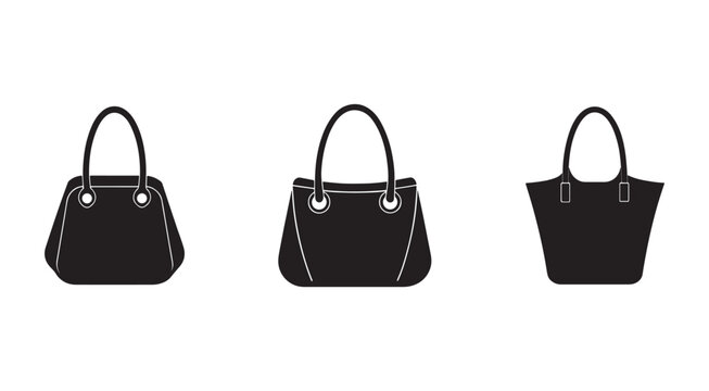Three different types of handbags in black color with white lines on white background  handbag designs