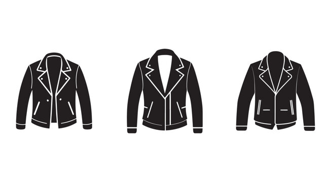 Three different views of a black jacket with white outlines  front and back and side  isolated on white background